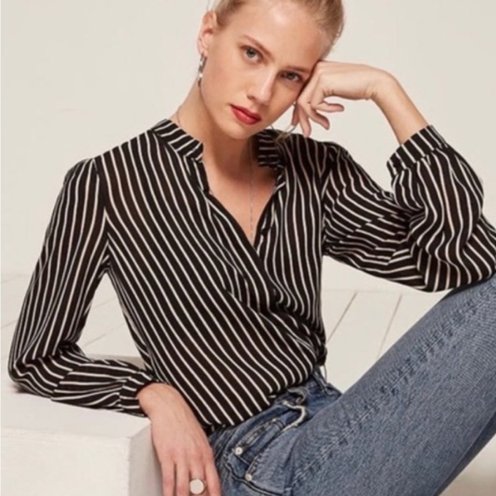 Black and white pinstriped reformation georgette blouse